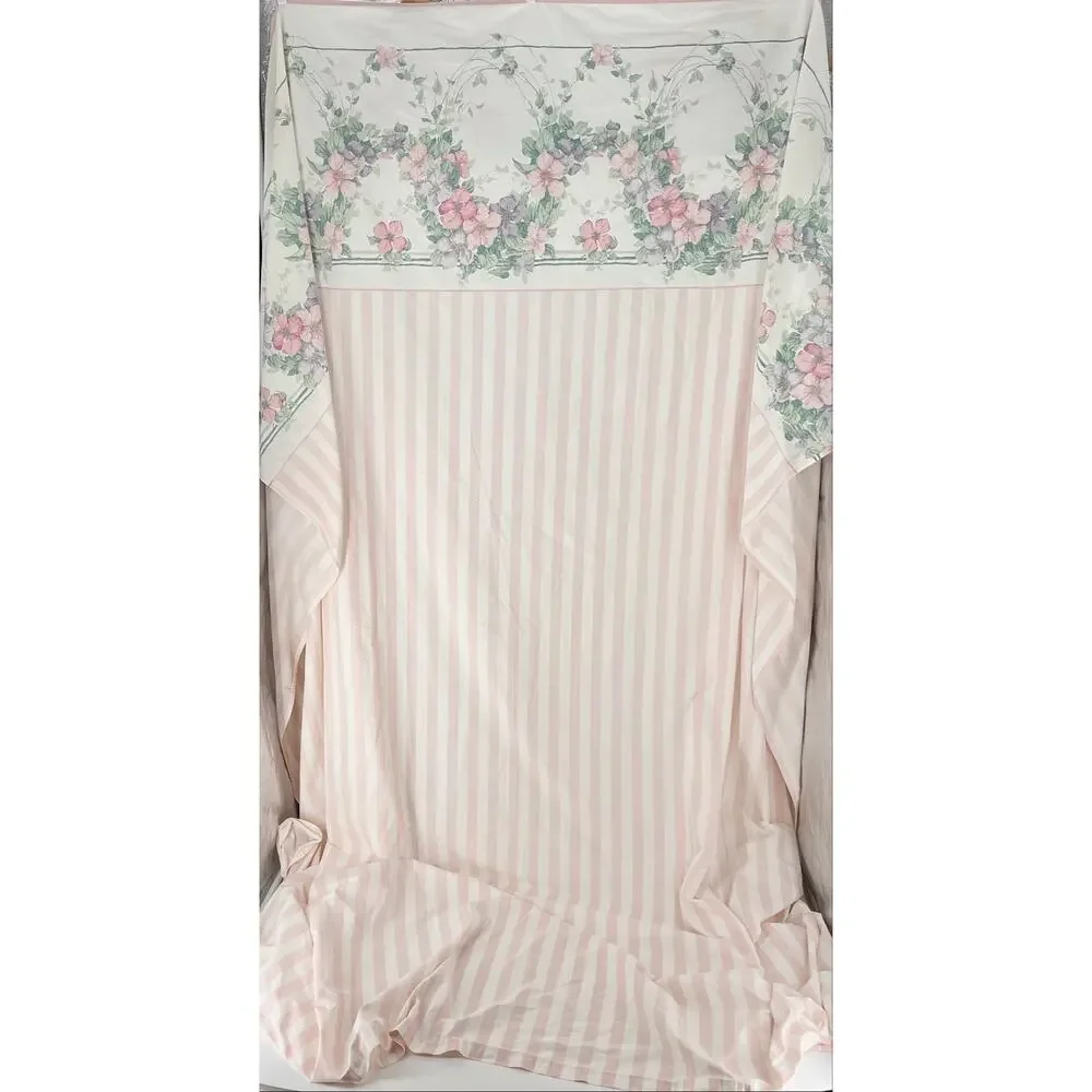 Vintage 90s Cottagecore Floral Pink Stripe Sheet King Flat 1990s Villa De Lyon